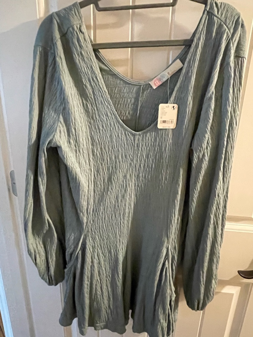 Free People Sage Green Long Sleeve V-Neck Textured Top